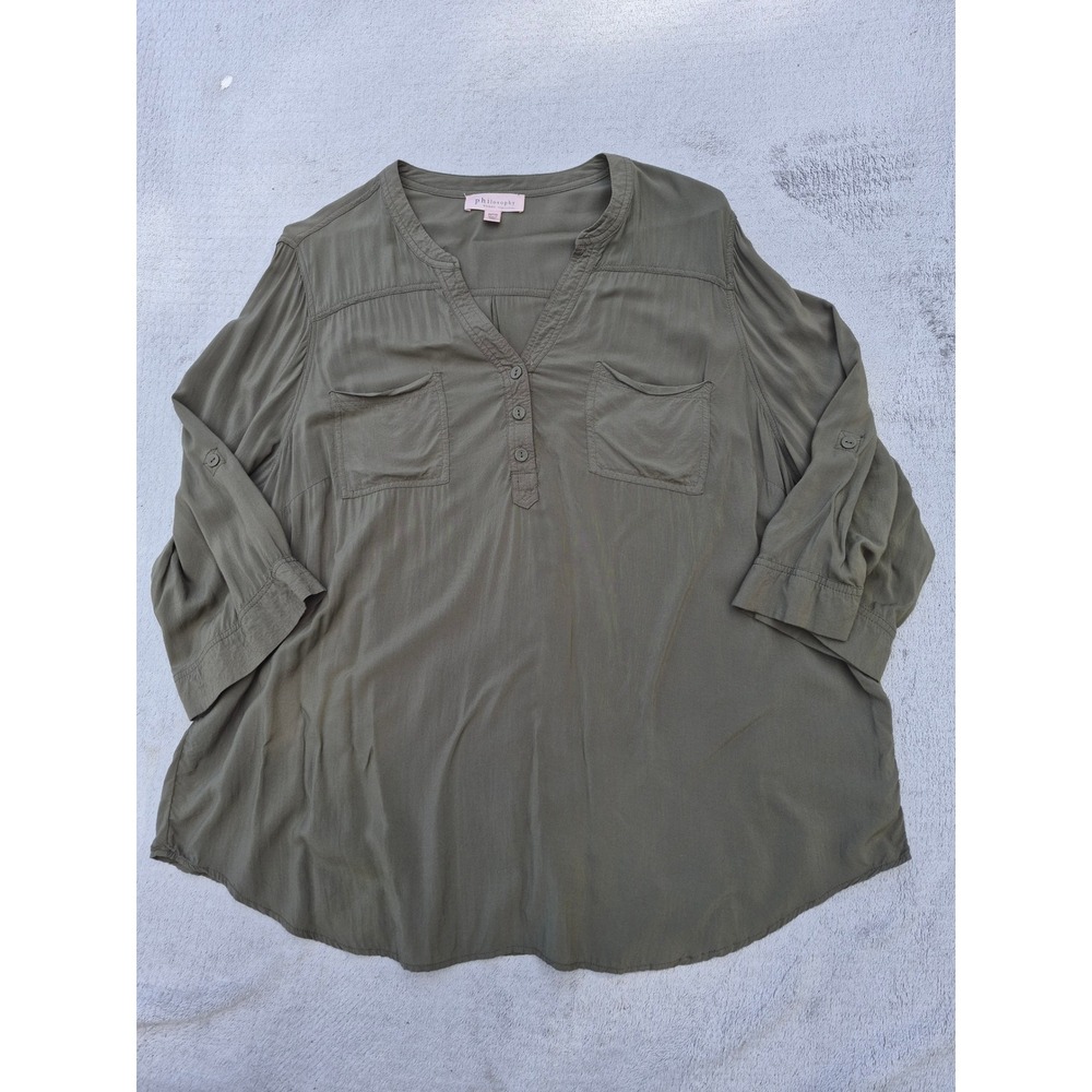 Philosophy Republic Clothing Olive Green Rayon Henley Blouse 2X Plus Size Top